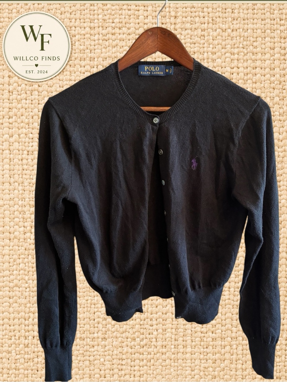 Polo Ralph Lauren Women’s Black Wool Blend Cardigan Purple Pony Size M